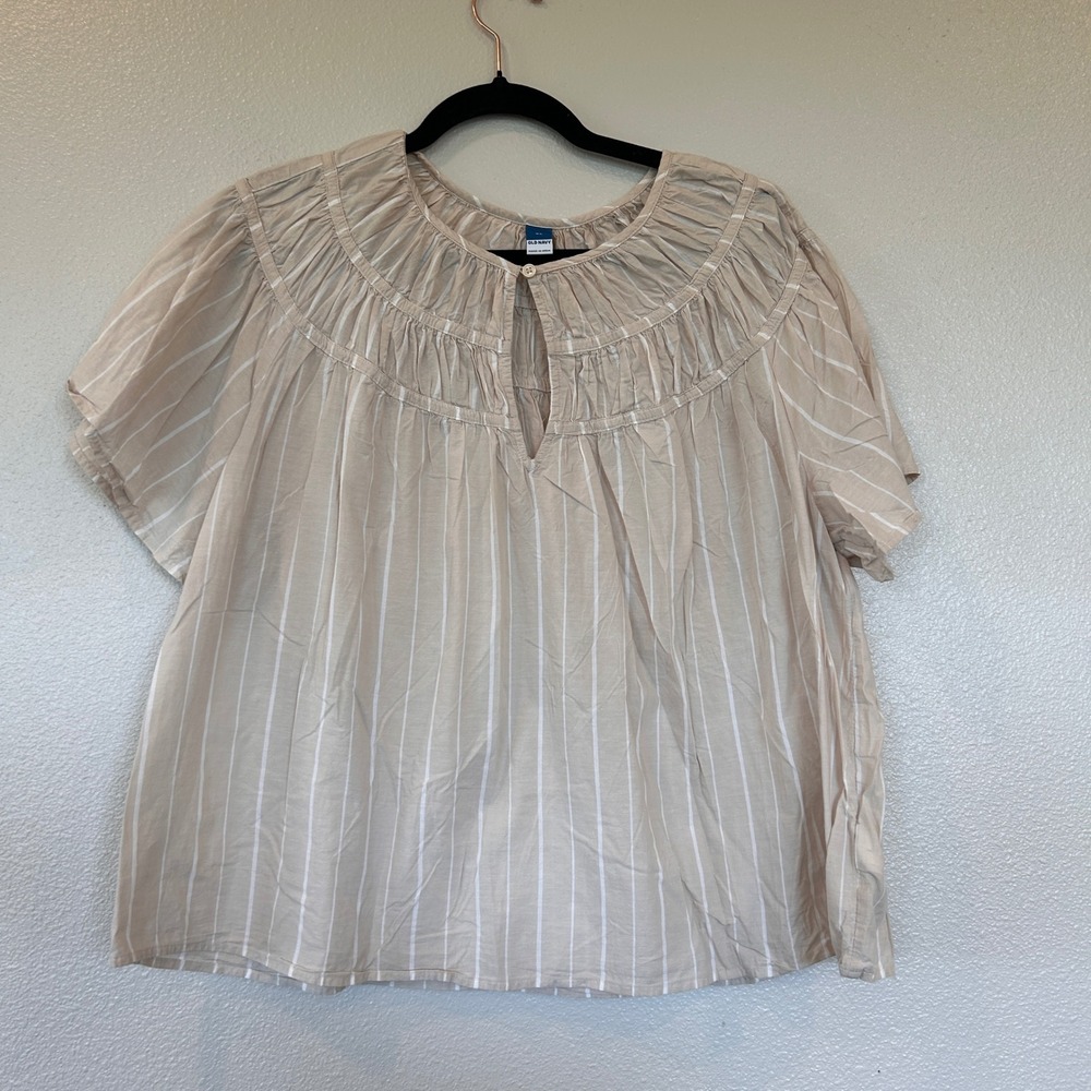 Old Navy Womens XL Tan White Striped Smocked Yoke Cotton Boho Peasant Top Blouse